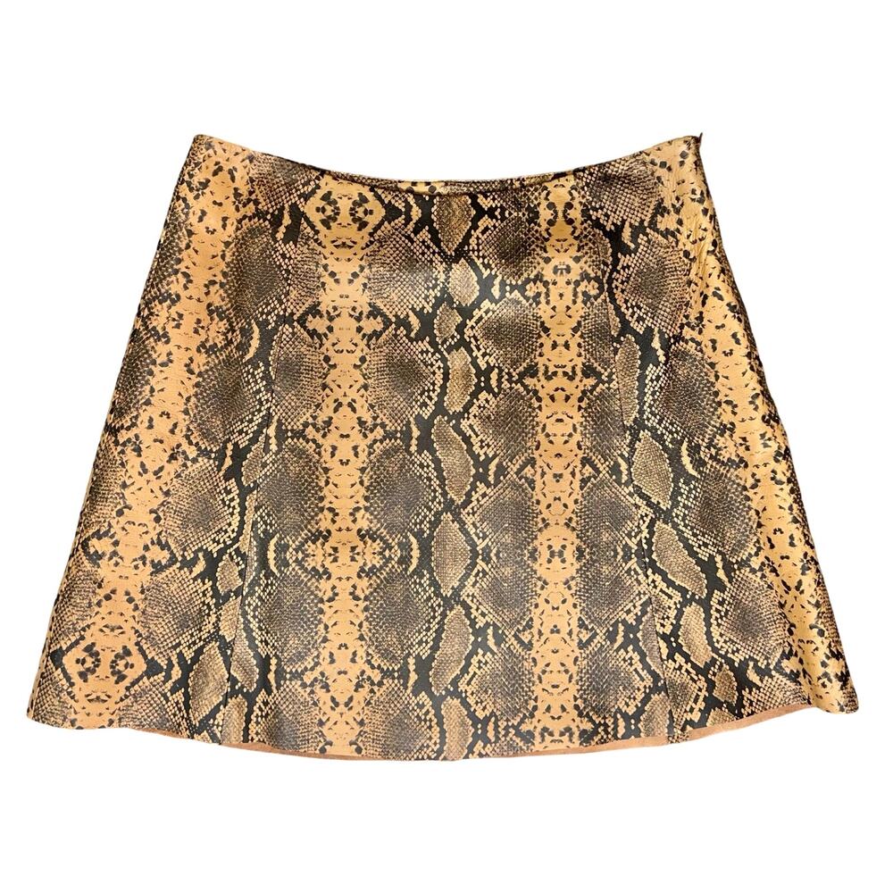 Veda Camel Brown Black Python Snake Print Genuine Leather Mini Skirt size M
